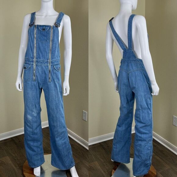 Vintage Hang Ten Womens Size M Denim Flare Wide Leg Bib Overalls Retro Jeans